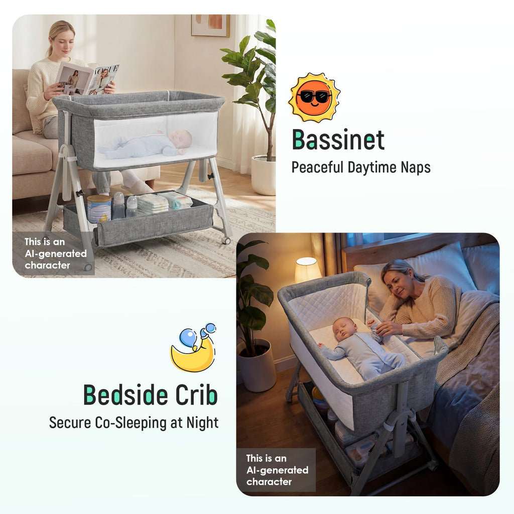 Baby Bassinet Bedside Crib with Mattress Wheel Storage Travel Bag Light Grey W21368