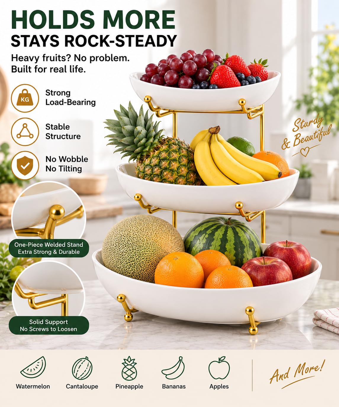 3 Tier Ceramic Fruit Basket with Gold Stand B204471