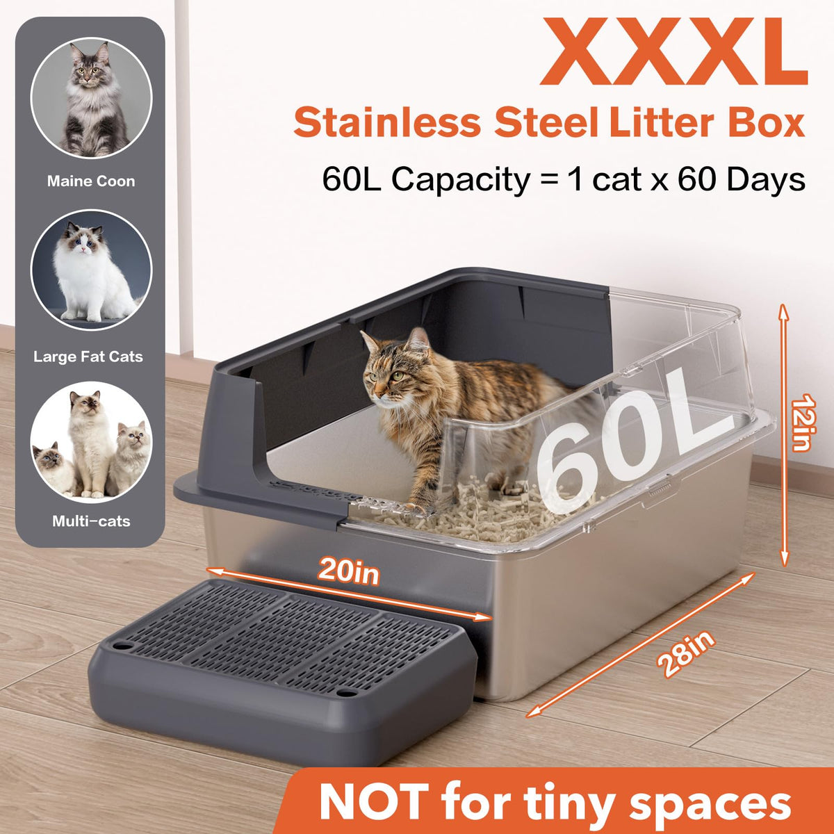 XXL Stainless Steel Cat Litter Box with Lid T250