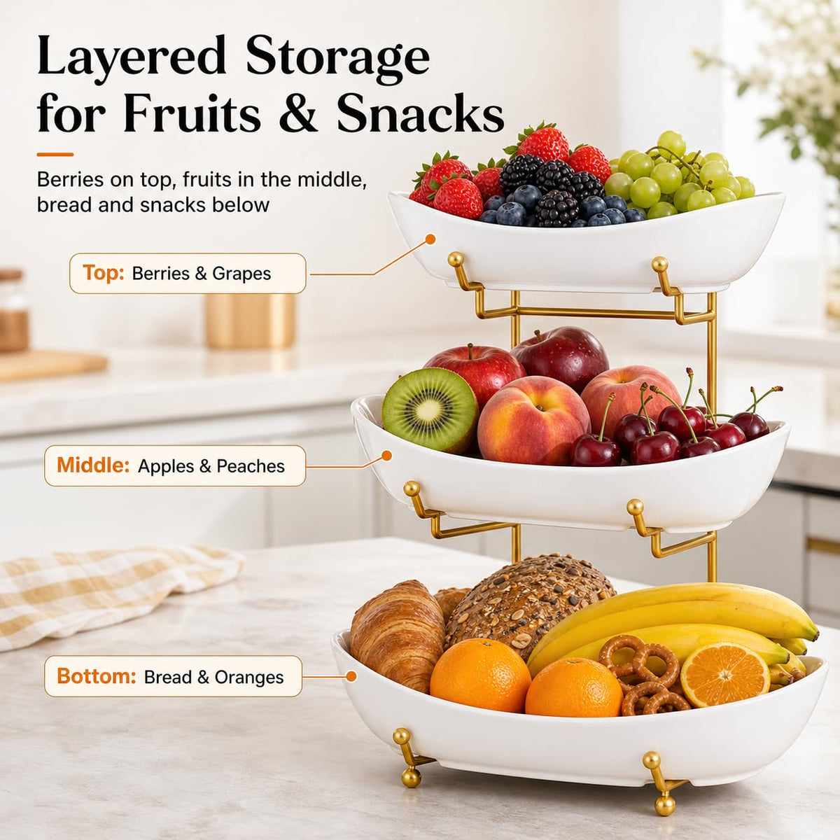 3 Tier Ceramic Fruit Basket with Gold Stand B204471