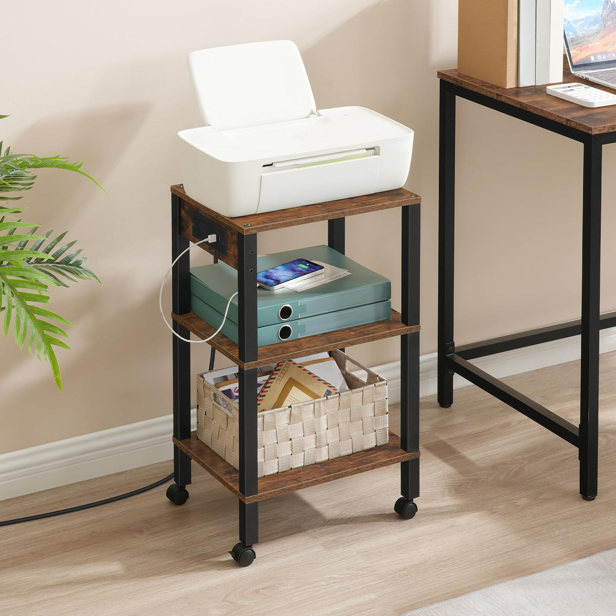 3-Tier Printer Stand with Charging Station and Storage Shelves M143