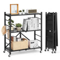 3-Tier Foldable Metal Storage Shelf with Wheels and Hooks, Black S408