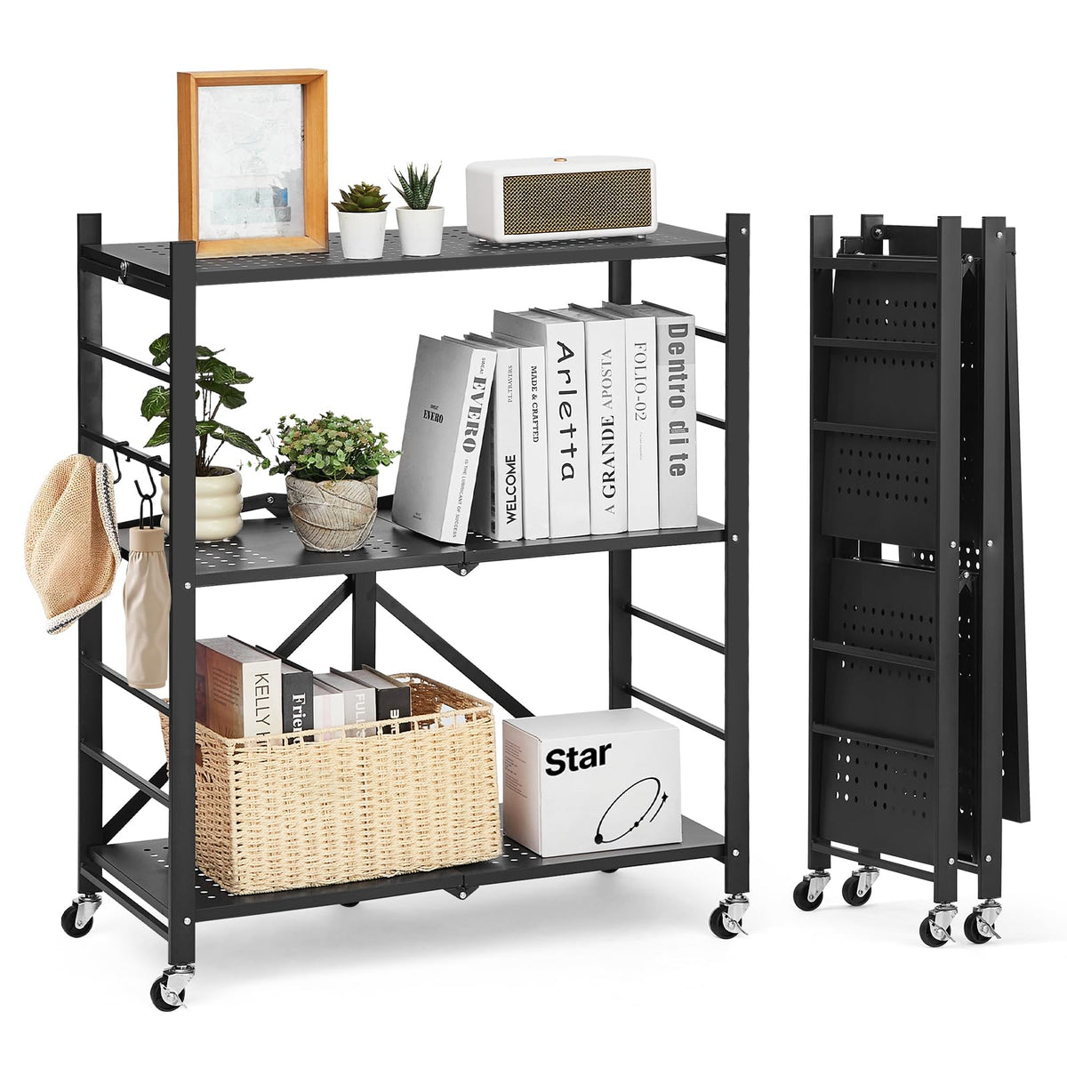 3-Tier Foldable Metal Storage Shelf with Wheels and Hooks, Black S408