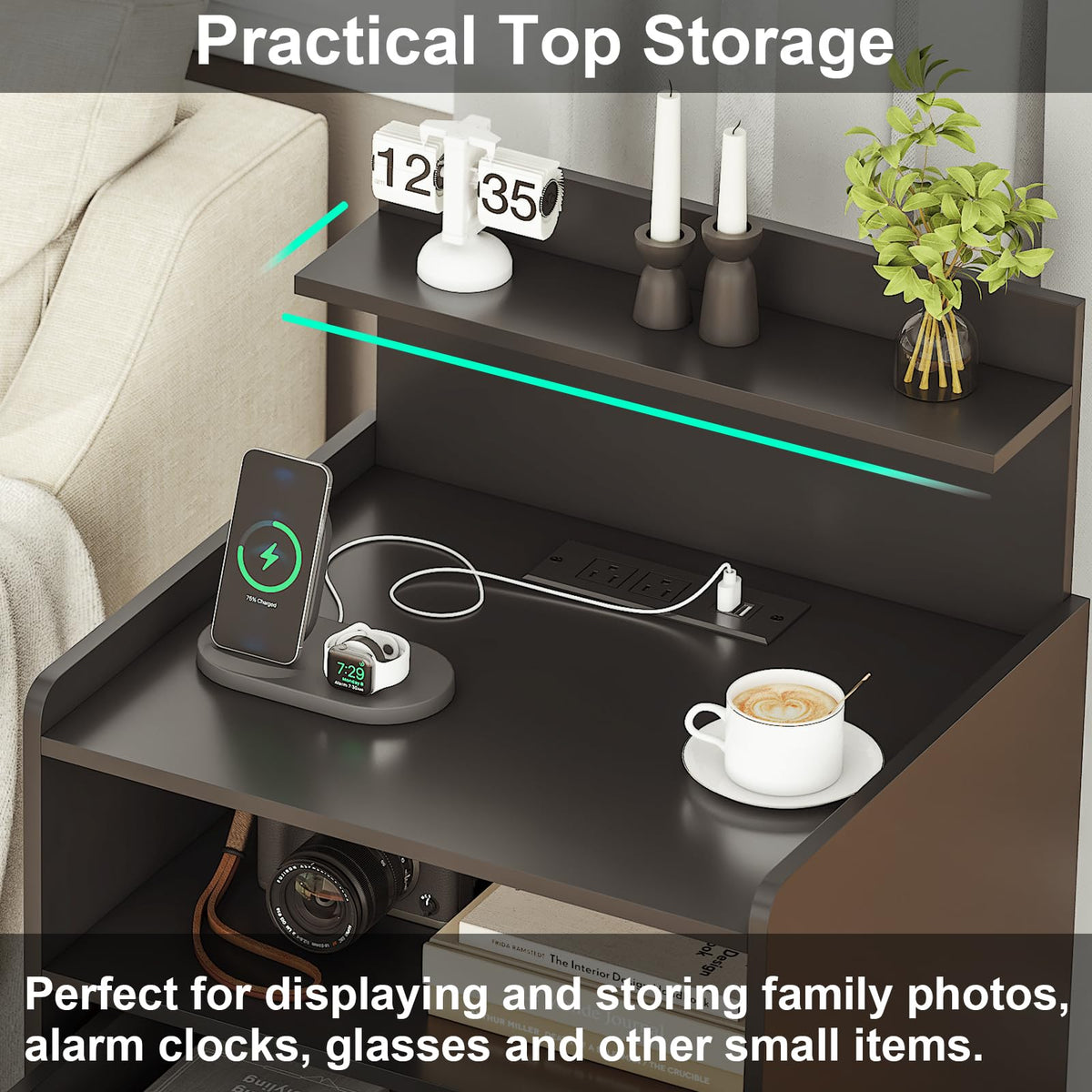 Black LED Nightstand with Charging Station and 2 Drawers N692