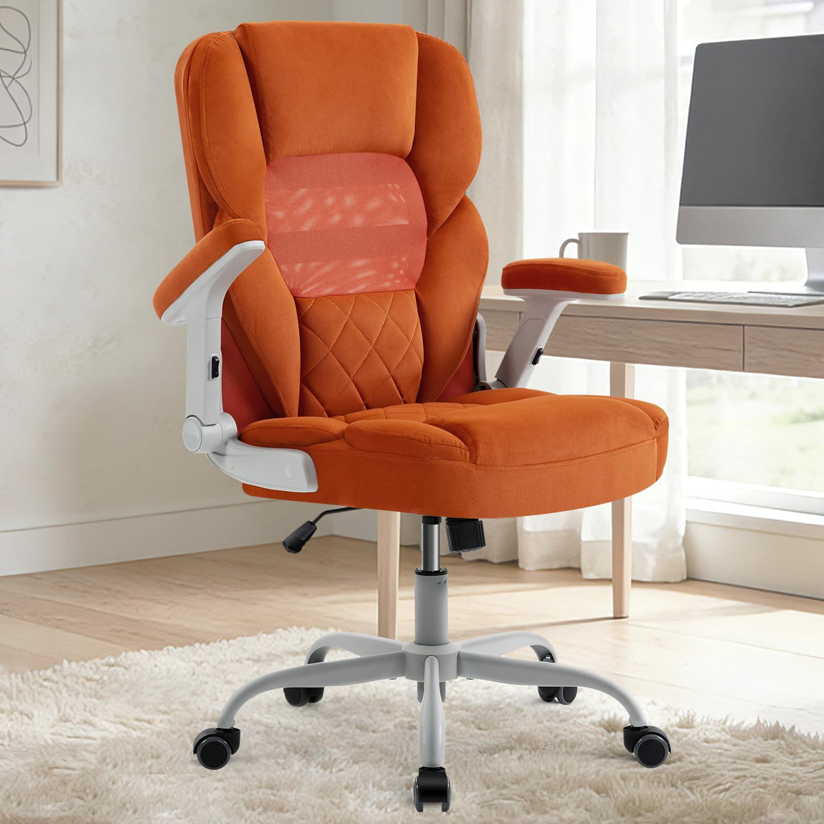 Orange Mesh and Velvet Office Chair with Arms and Wheels B743915