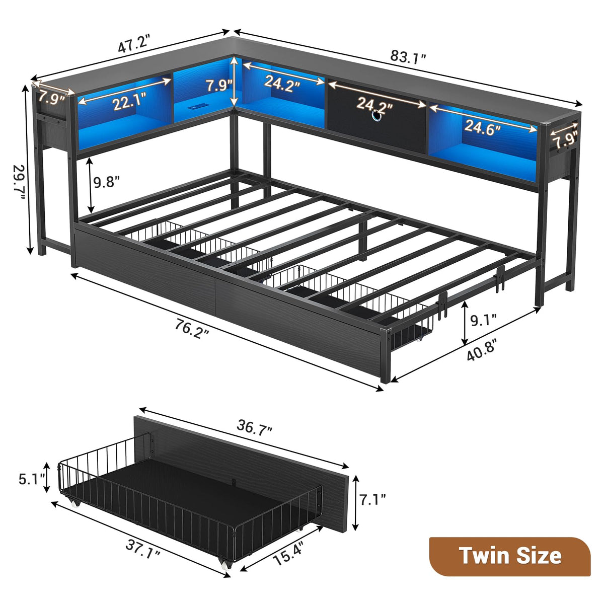 Twin Size Black Metal Corner Bed Frame with Storage Drawers and Bookcase Headboard A3373