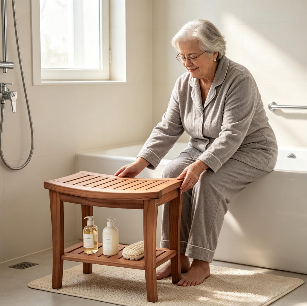 Teak Shower Bench Stool with Shelf P19114