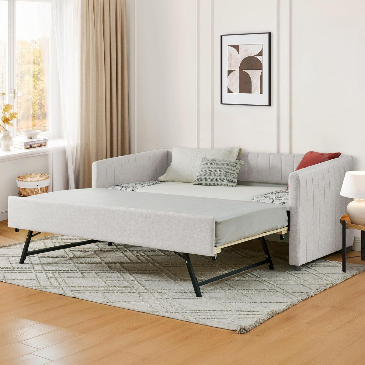 Beige Linen Twin Size Daybed with Pop Up Trundle L129739