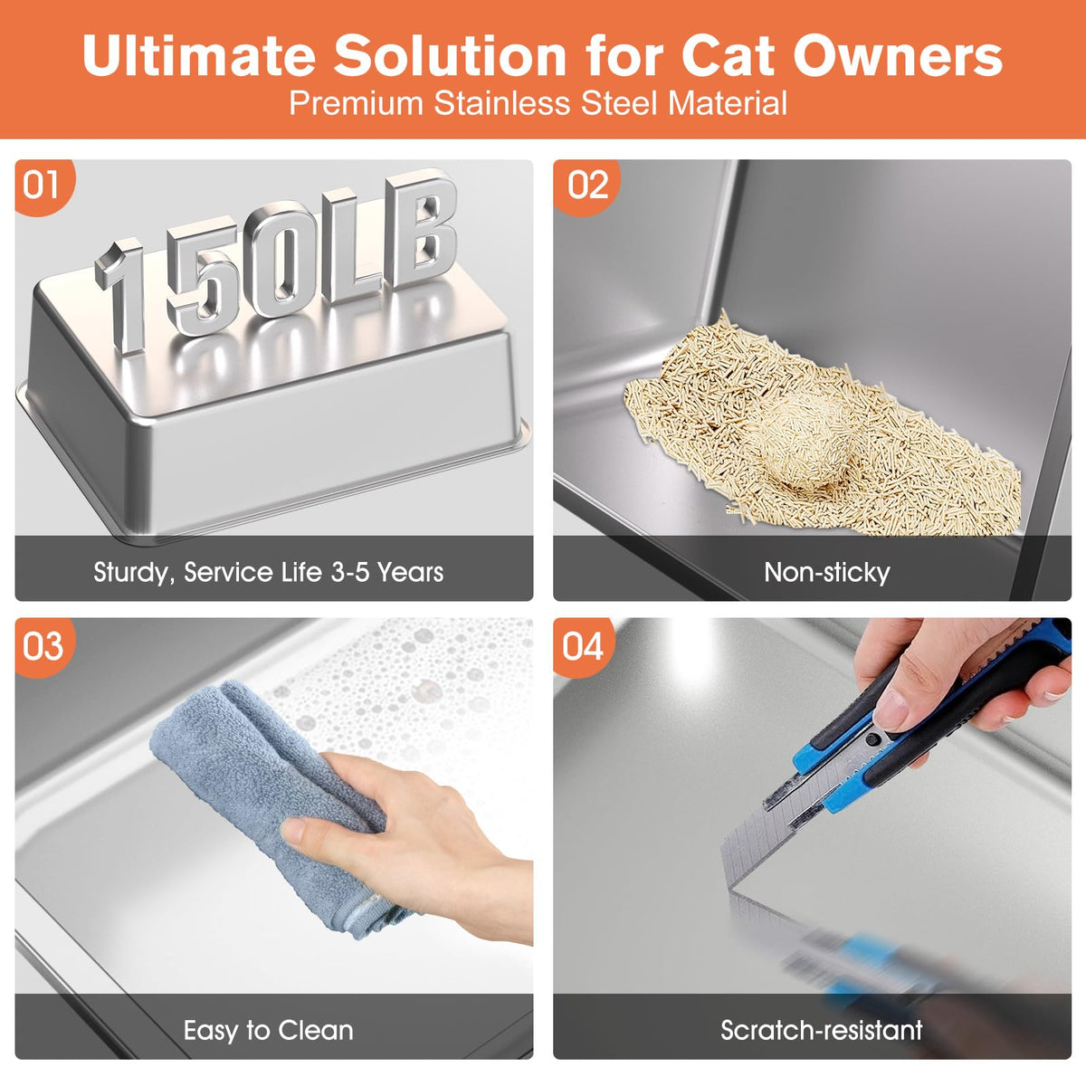 XXL Stainless Steel Cat Litter Box with Lid T250