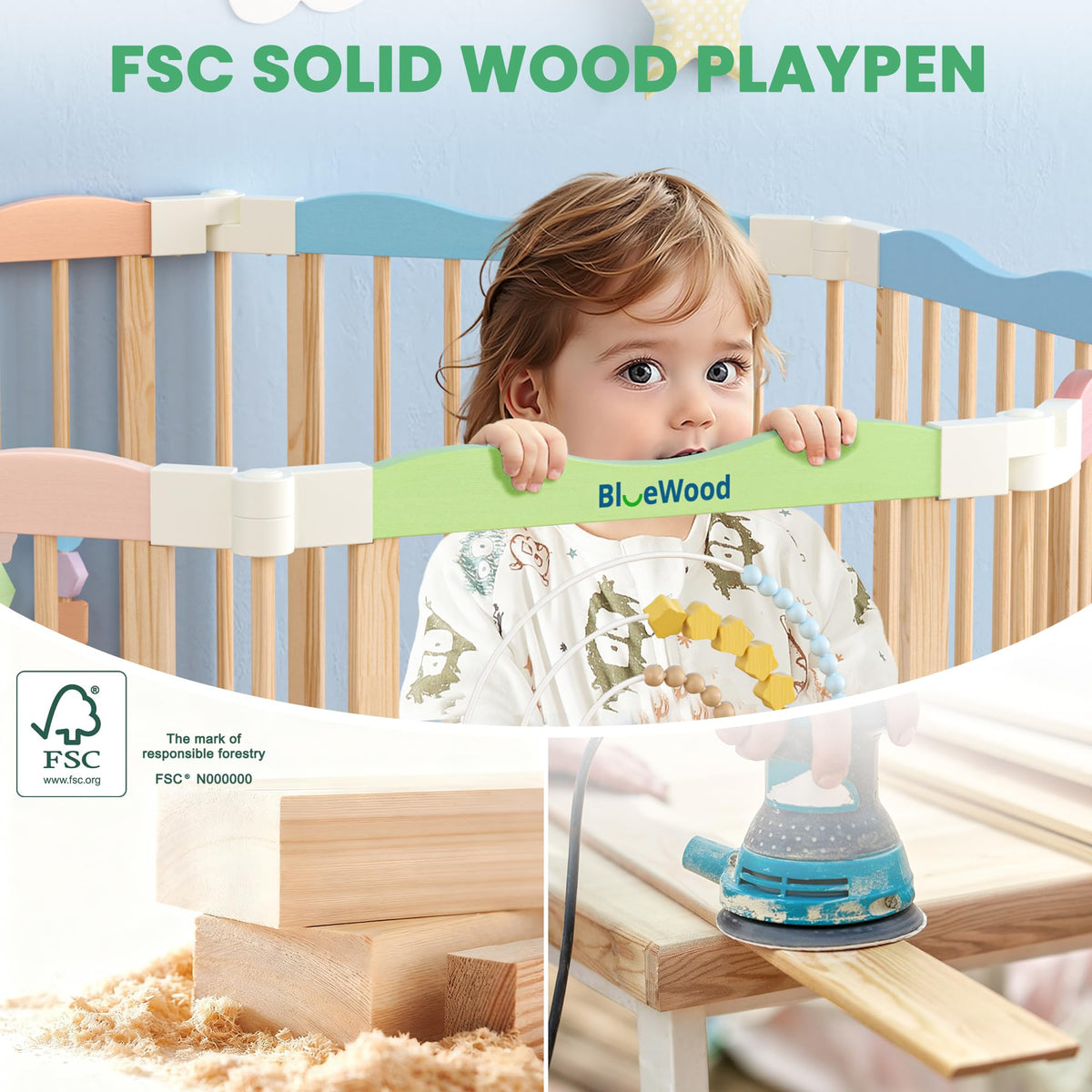 Foldable Wooden Baby Playpen, 45 x 45 x 24 inches T395