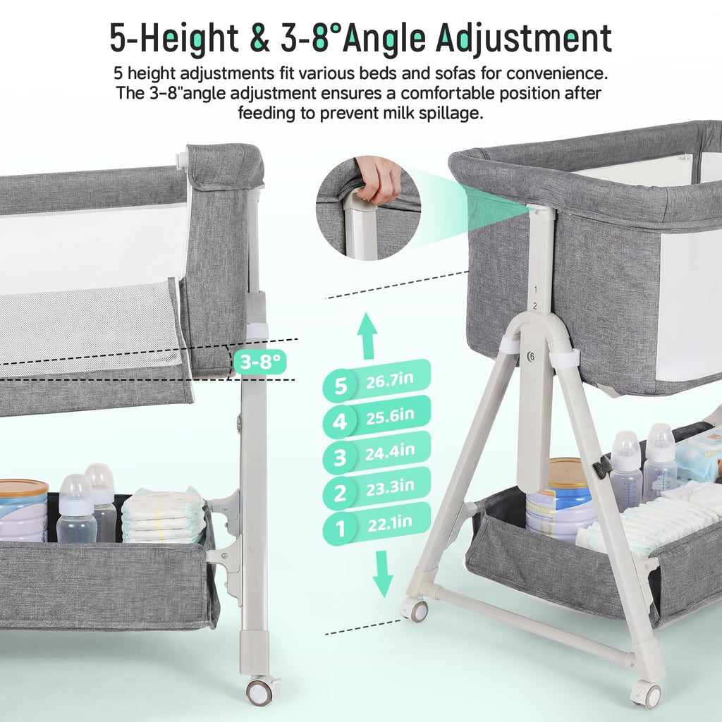 Baby Bassinet Bedside Crib with Mattress Wheel Storage Travel Bag Light Grey W21368
