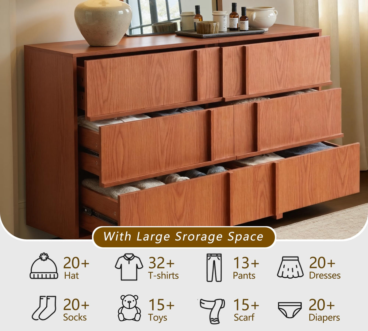 47" Wide 6 Drawer Dresser and Nightstand Set 3 Piece, Cherry S7687