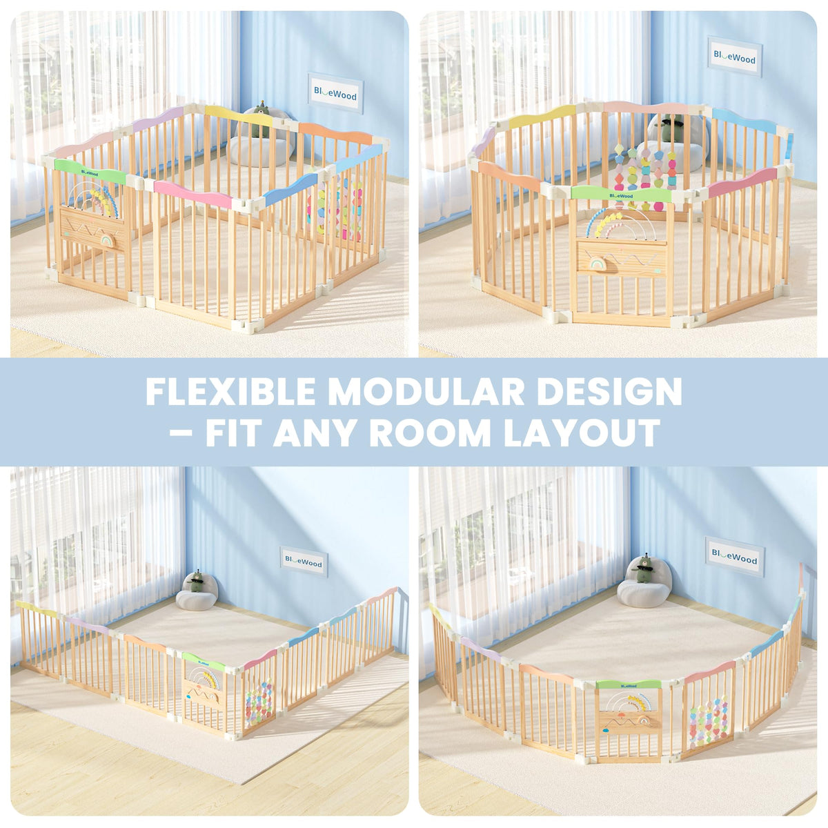 Foldable Wooden Baby Playpen, 45 x 45 x 24 inches T395