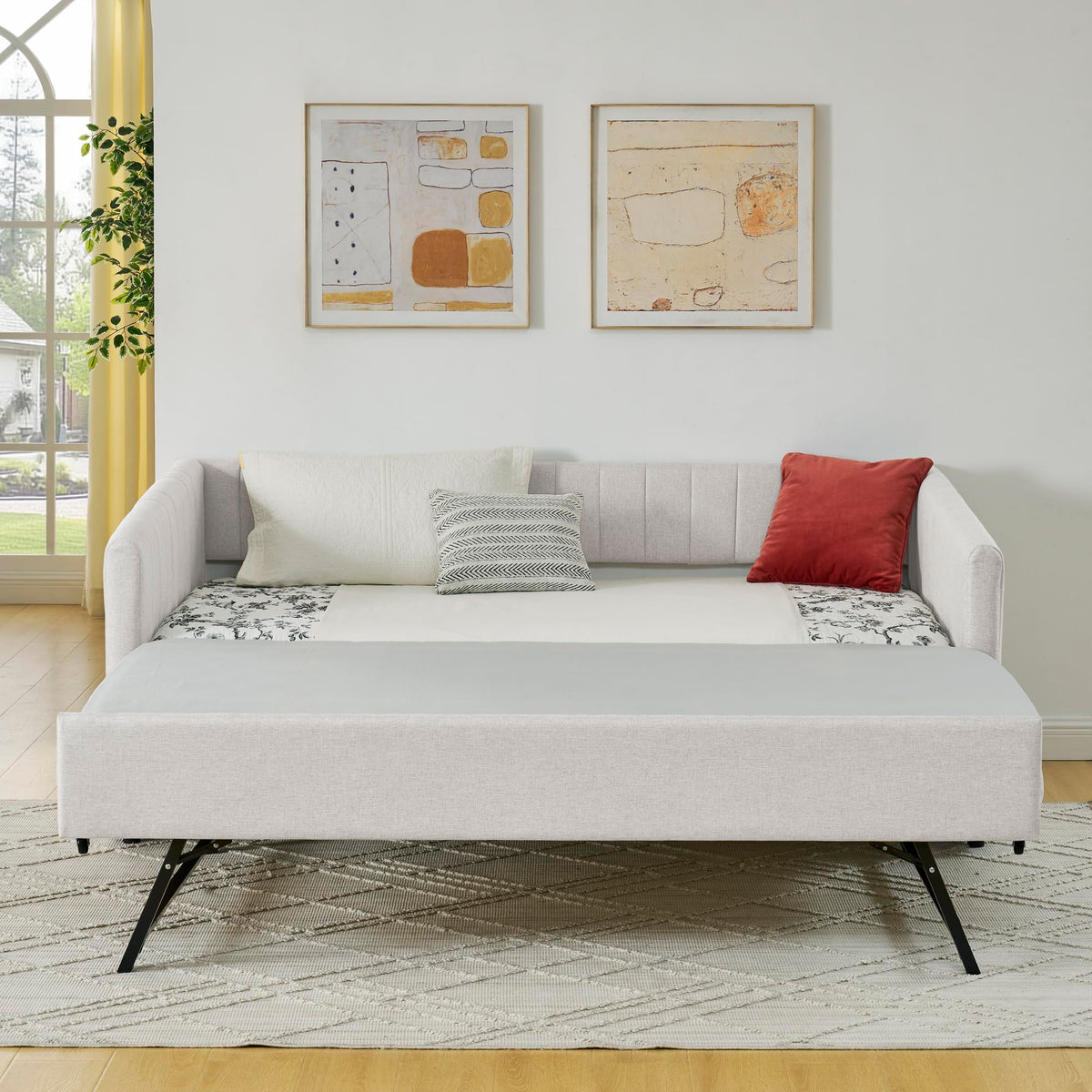 Beige Linen Twin Size Daybed with Pop Up Trundle L129739