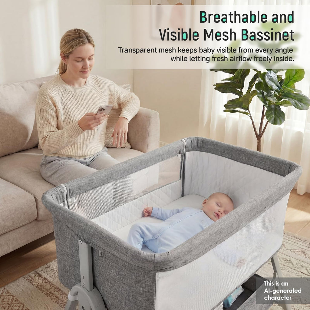 Baby Bassinet Bedside Crib with Mattress Wheel Storage Travel Bag Light Grey W21368
