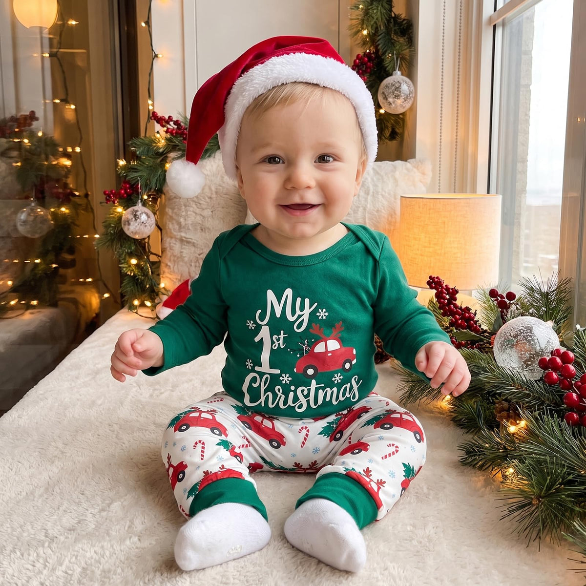 My First Christmas Baby Boy Outfit Romper Pants Hat J777