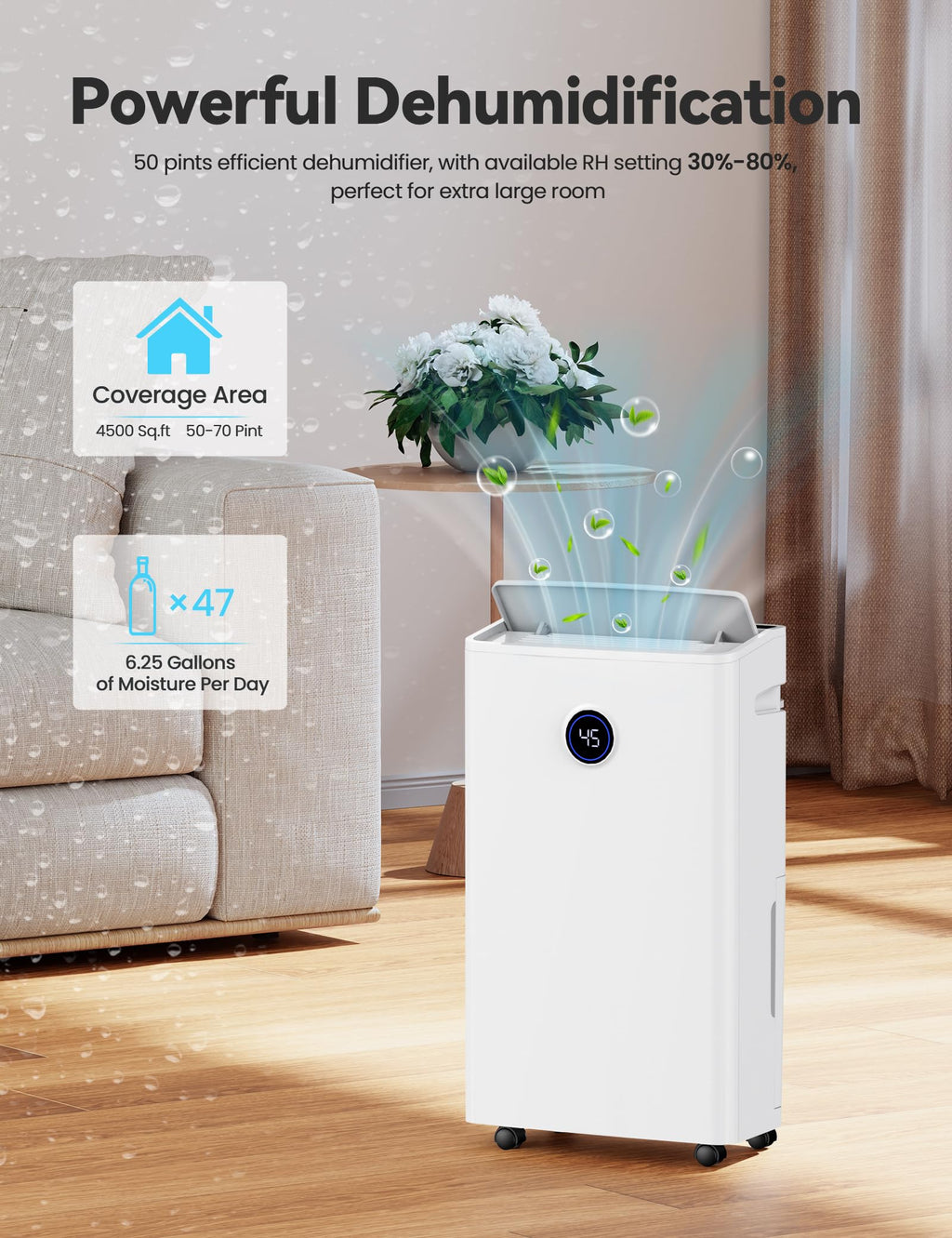 4500 Sq. Ft 50-70 Pints Dehumidifier with Drain Hose and 5L Water Tank F385