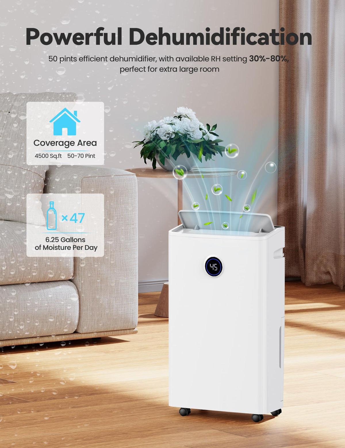 4500 Sq. Ft 50-70 Pints Dehumidifier with Drain Hose and 5L Water Tank F385