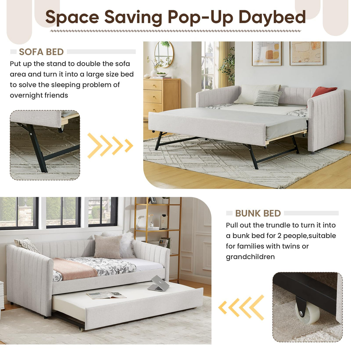 Beige Linen Twin Size Daybed with Pop Up Trundle L129739