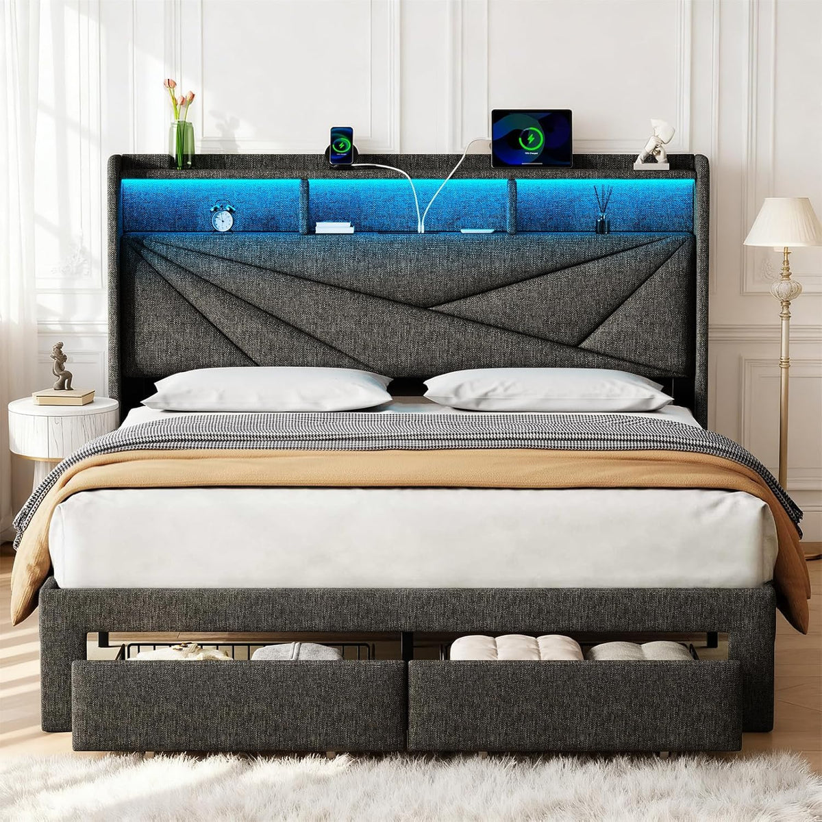 Queen Bed Frame with 2 Storage Drawers and Upholstered Headboard N2095