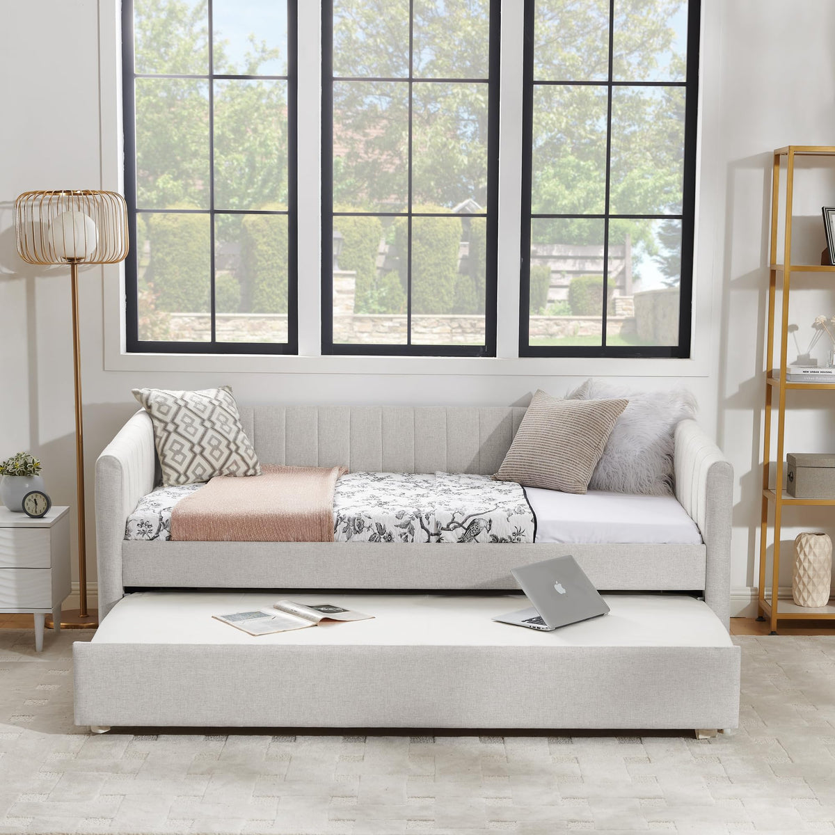 Beige Linen Twin Size Daybed with Pop Up Trundle L129739