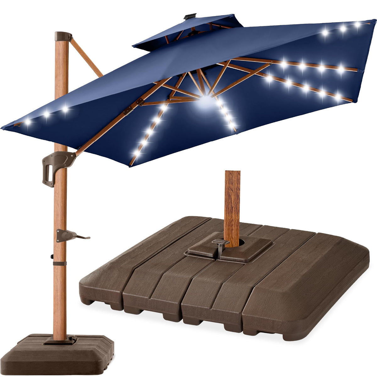 10ft Square Cantilever Patio Umbrella with Base and Solar LED Lights K856309