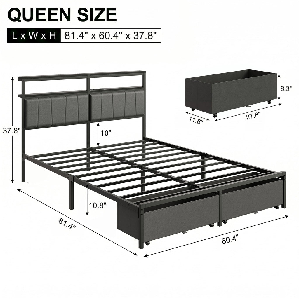 Queen Bed Frame with Storage Drawers and Charging Station B82623
