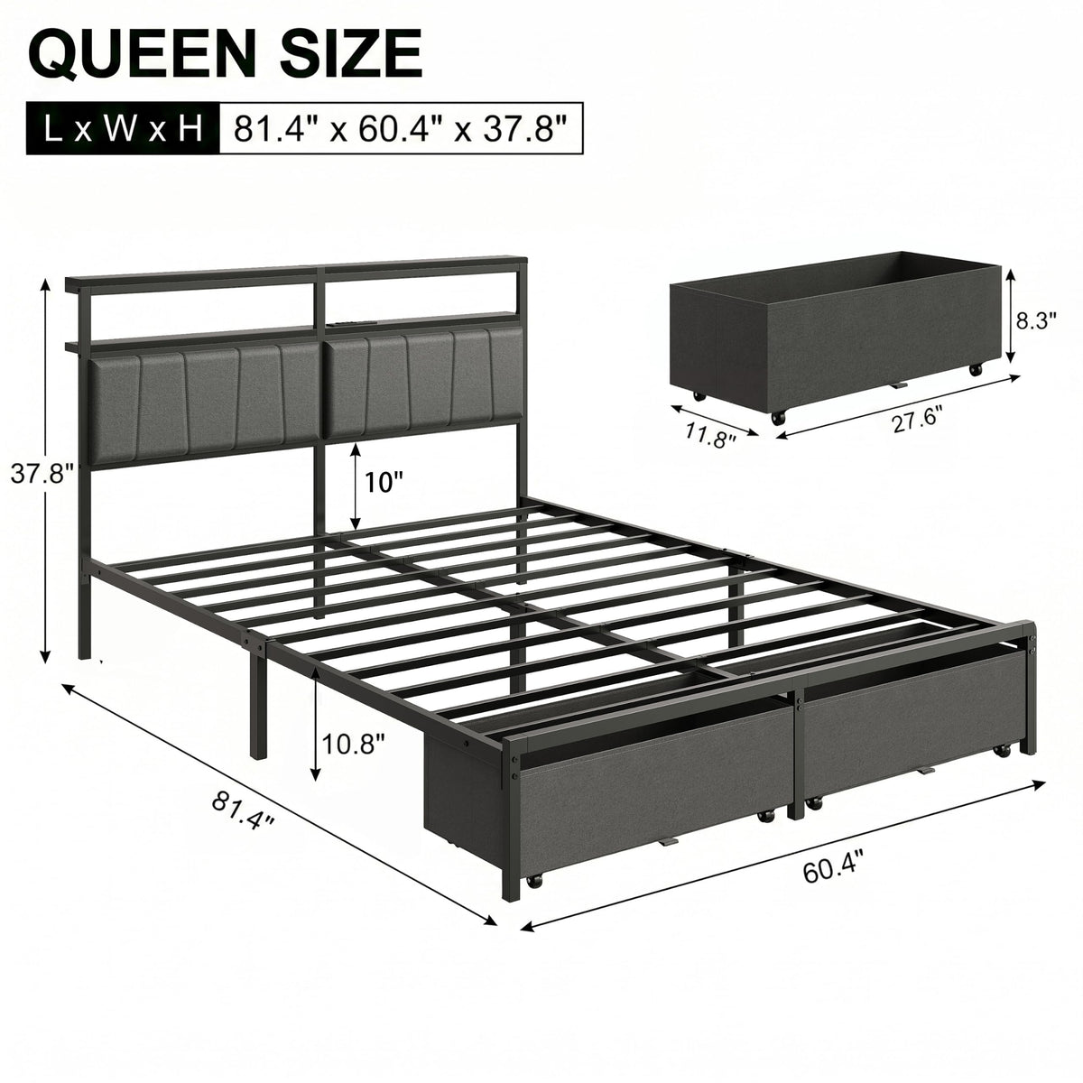 Queen Bed Frame with Storage Drawers and Charging Station B82623