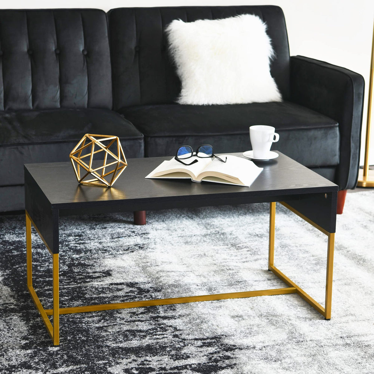 Black Oak Finish Coffee Table with Iron Base W996