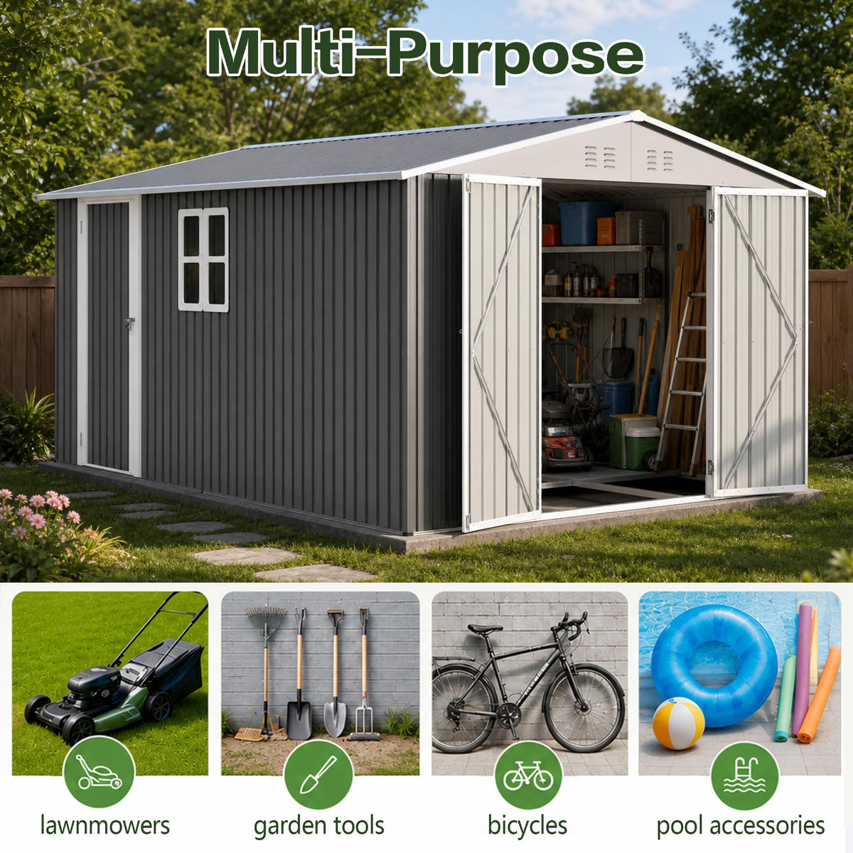 10x14 FT Metal Outdoor Storage Shed with Floor and 2 Windows X48596