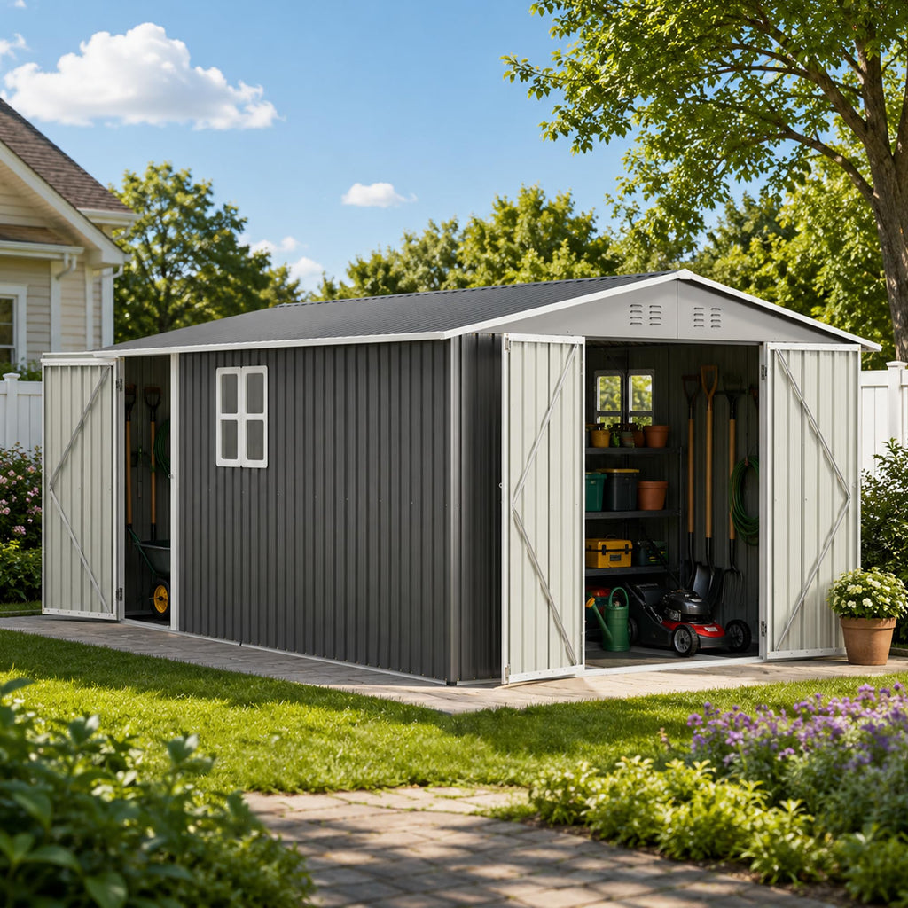 10x14 FT Metal Outdoor Storage Shed with Floor and 2 Windows X48596