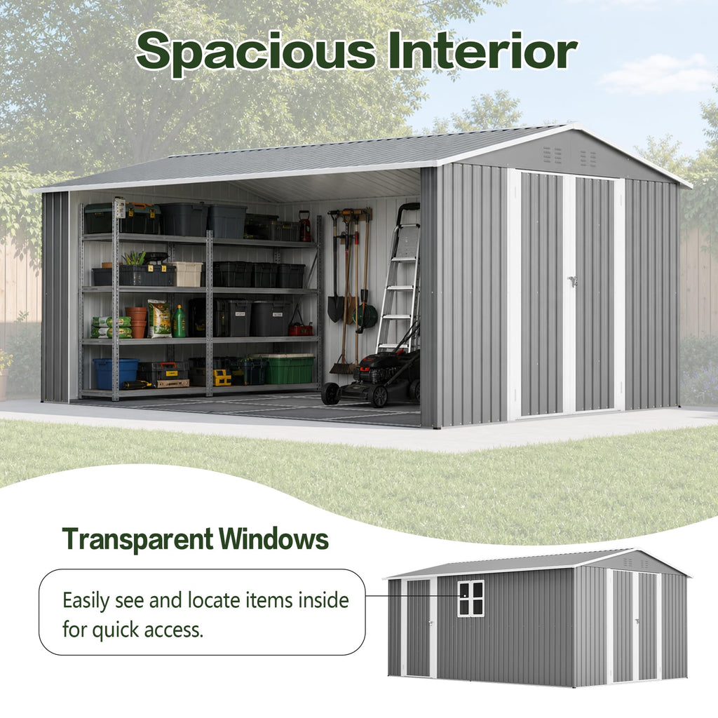 10x14 FT Metal Outdoor Storage Shed with Floor and 2 Windows X48596