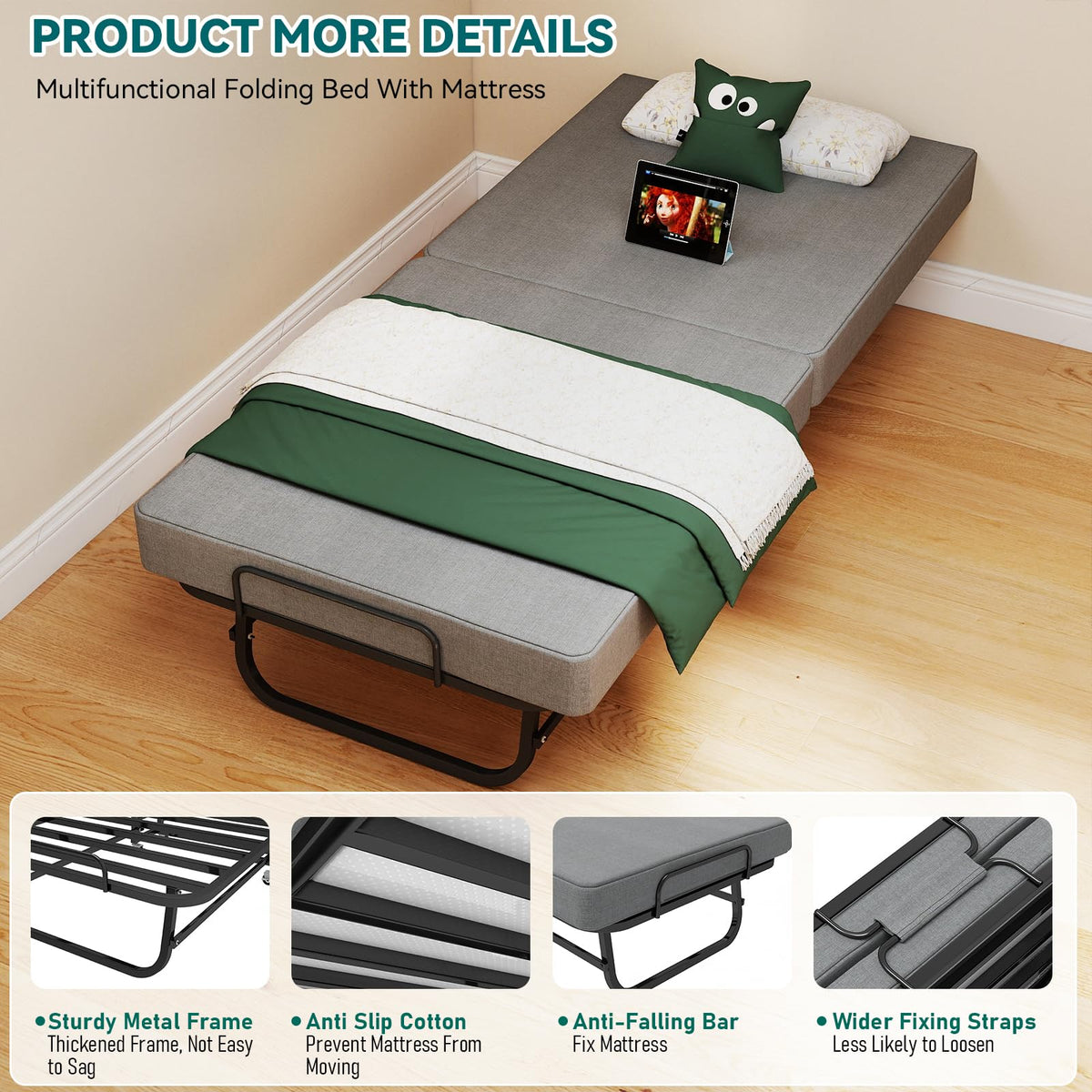Folding Bed with Mattress and Metal Frame L29132