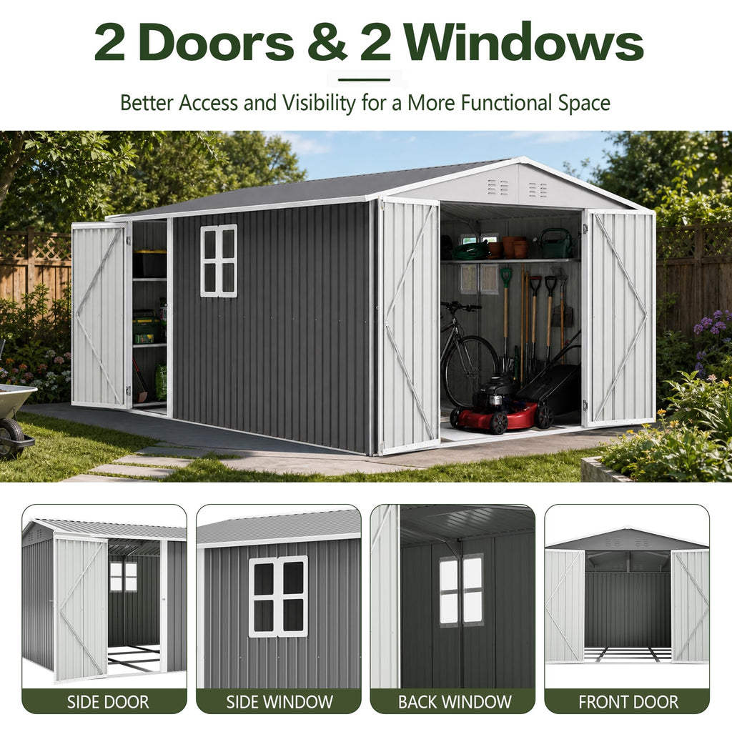 10x14 FT Metal Outdoor Storage Shed with Floor and 2 Windows X48596