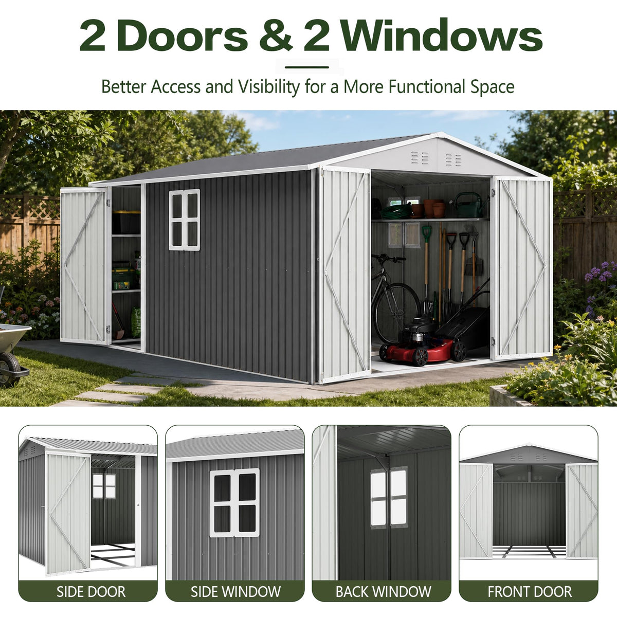 10x14 FT Metal Outdoor Storage Shed with Floor and 2 Windows X48596