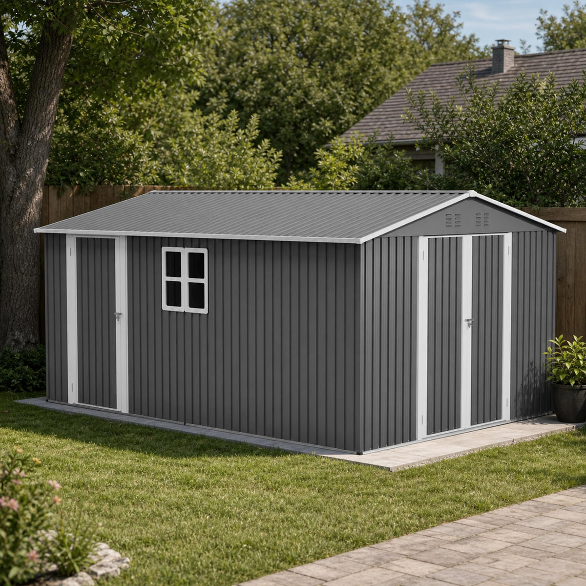 10x14 FT Metal Outdoor Storage Shed with Floor and 2 Windows X48596