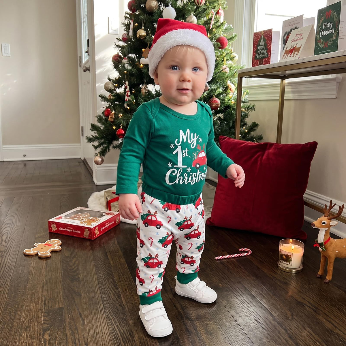 My First Christmas Baby Boy Outfit Romper Pants Hat J777