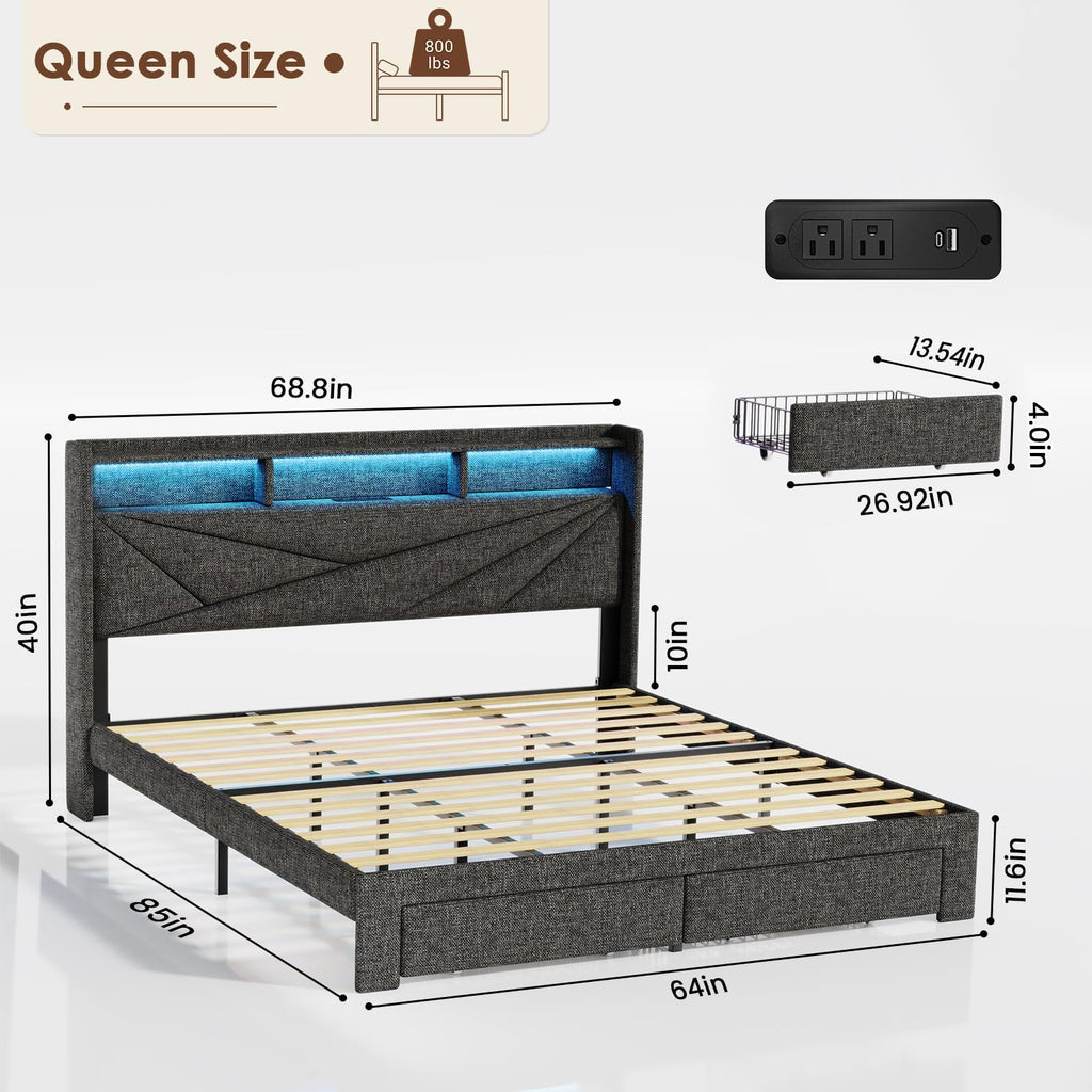 Queen Bed Frame with 2 Storage Drawers and Upholstered Headboard N2095