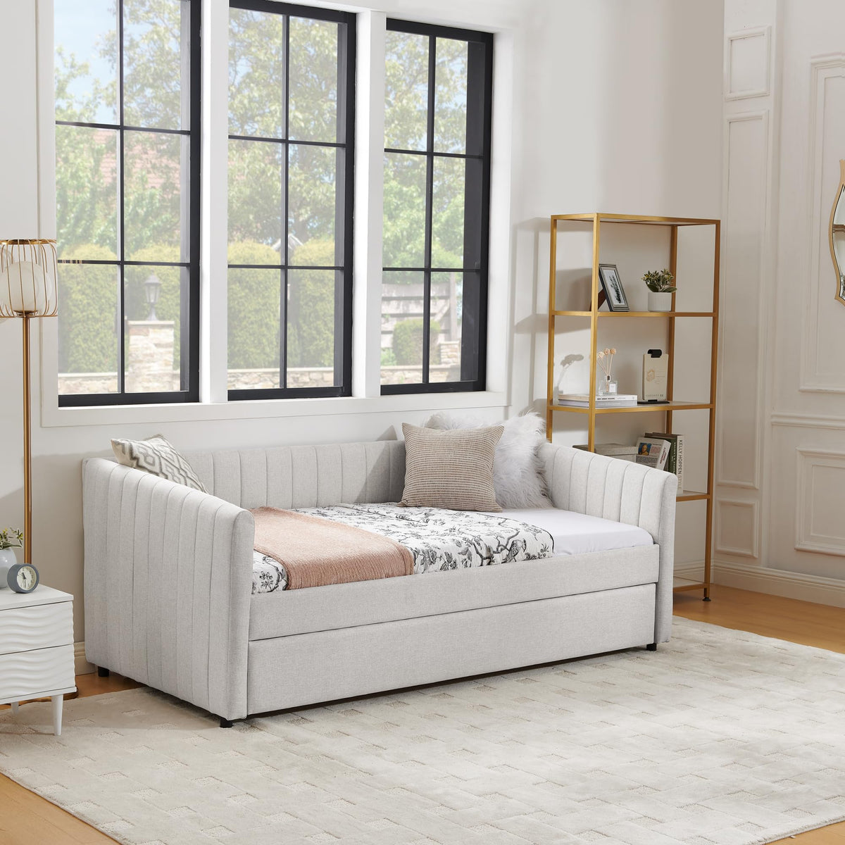 Beige Linen Twin Size Daybed with Pop Up Trundle L129739