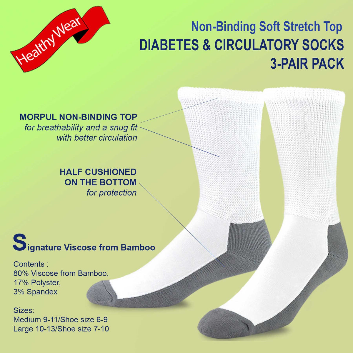 Viscose Bamboo Diabetic Crew Socks 3-Pairs Black G388566