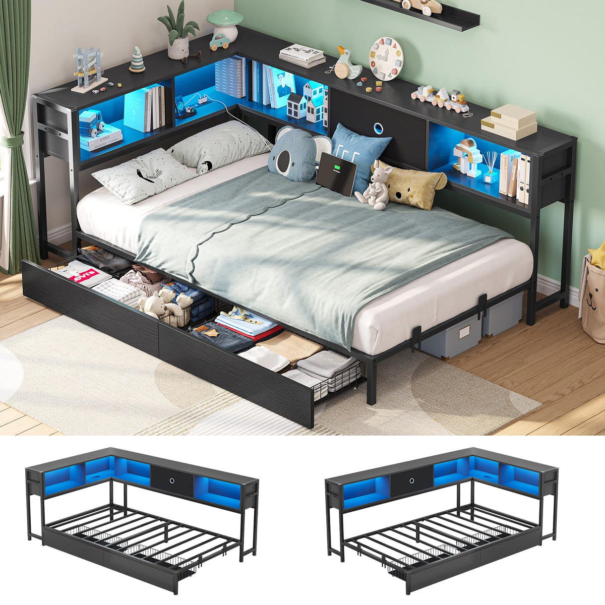 Twin Size Black Metal Corner Bed Frame with Storage Drawers and Bookcase Headboard A3373