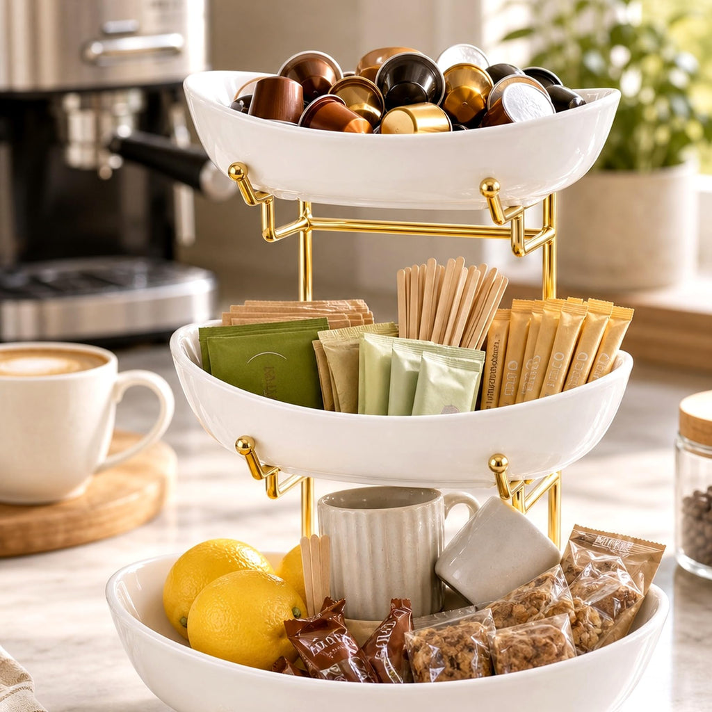 3 Tier Ceramic Fruit Basket with Gold Stand B204471