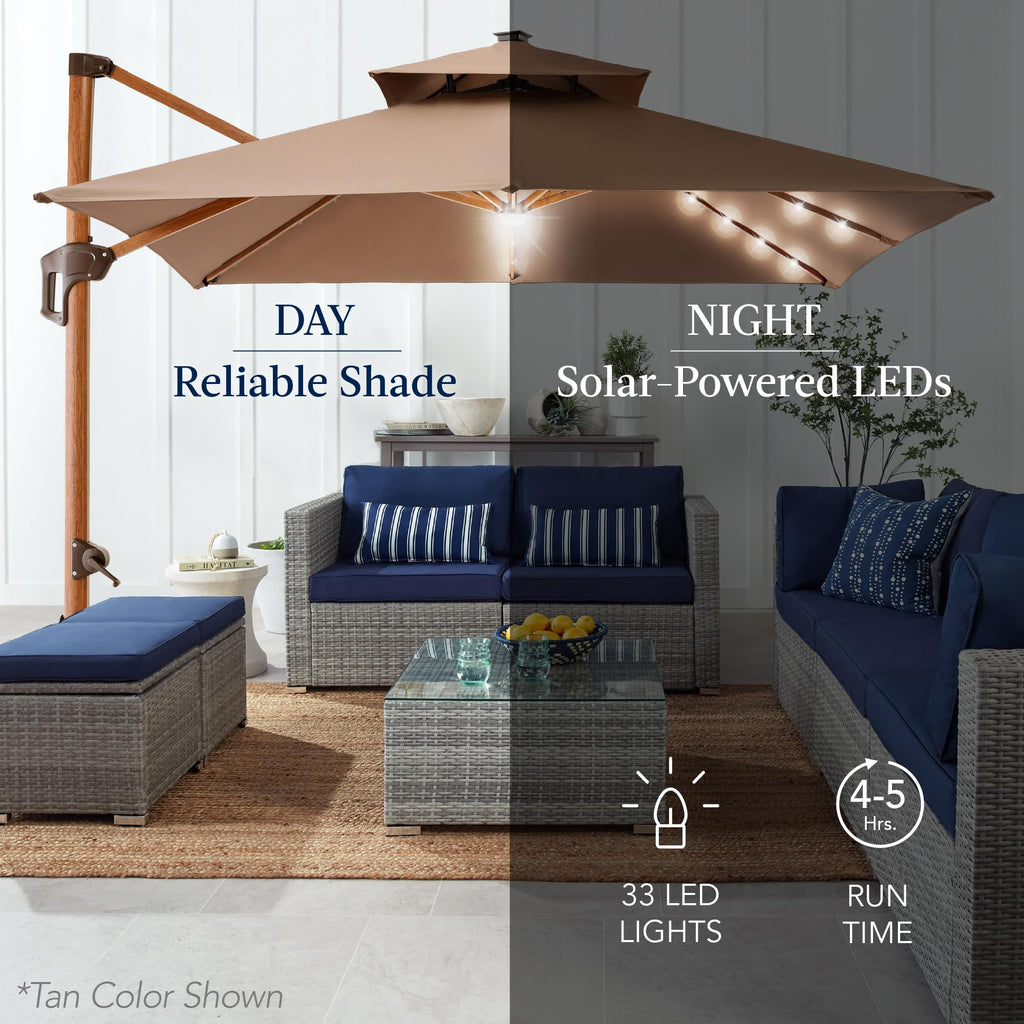 10ft Square Cantilever Patio Umbrella with Base and Solar LED Lights K856309