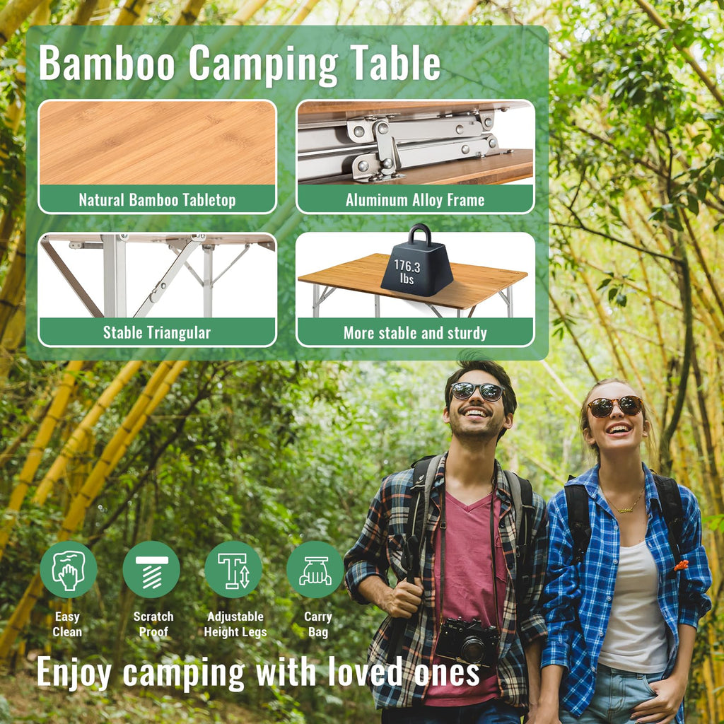 Folding Camping Table Bamboo Adjustable Portable Table X722