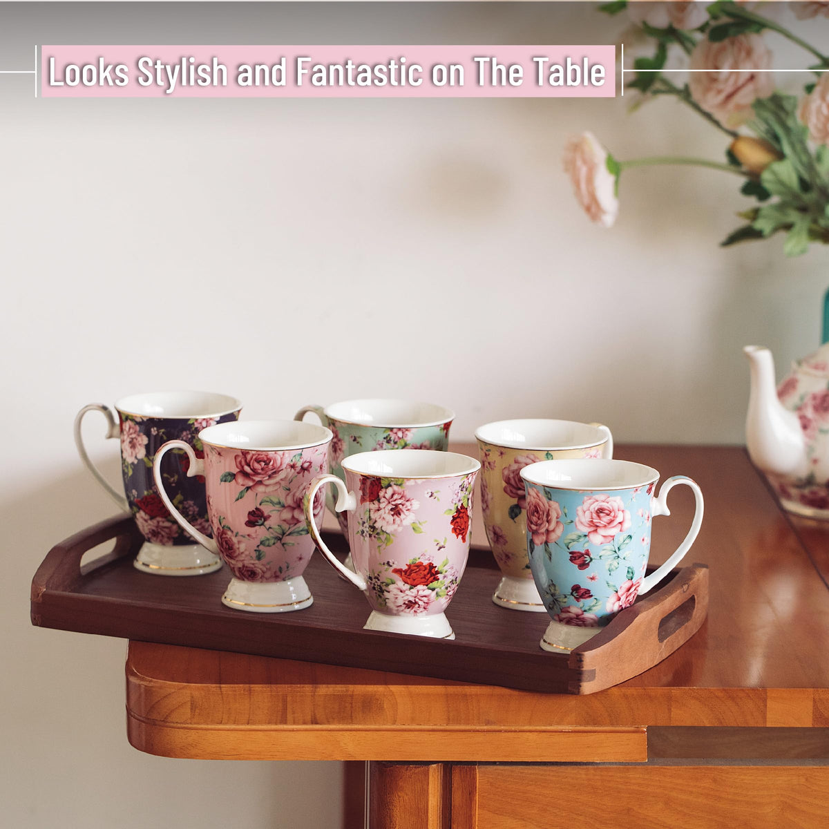 12 oz Set of 6 Floral Porcelain Coffee Mugs L61719