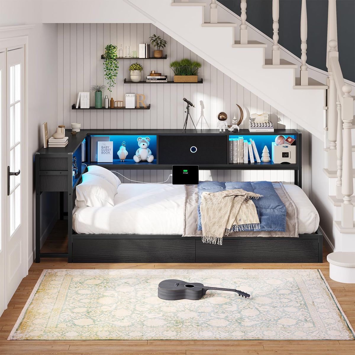 Twin Size Black Metal Corner Bed Frame with Storage Drawers and Bookcase Headboard A3373