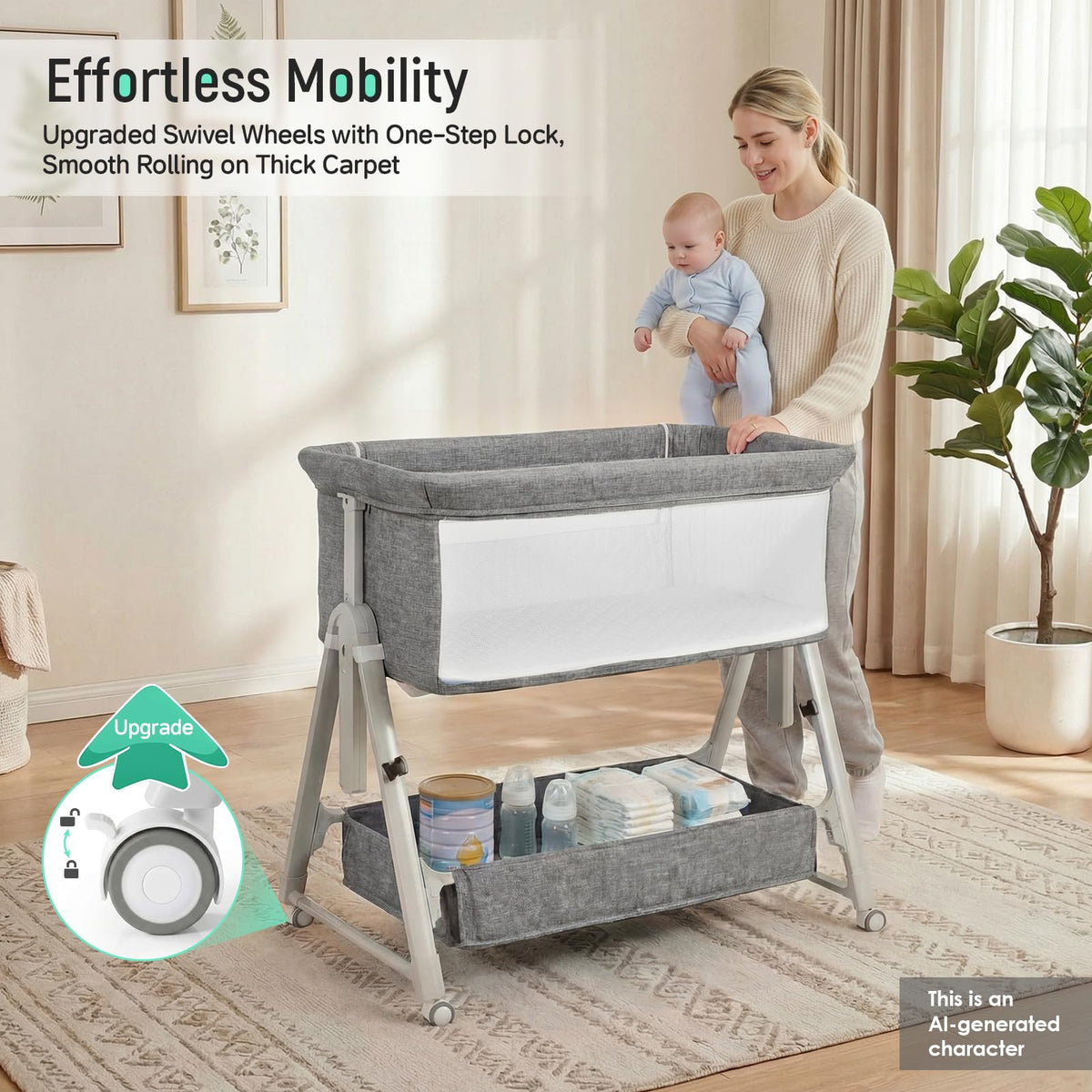Baby Bassinet Bedside Crib with Mattress Wheel Storage Travel Bag Light Grey W21368