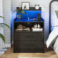 Black LED Nightstand with Charging Station and 2 Drawers N692