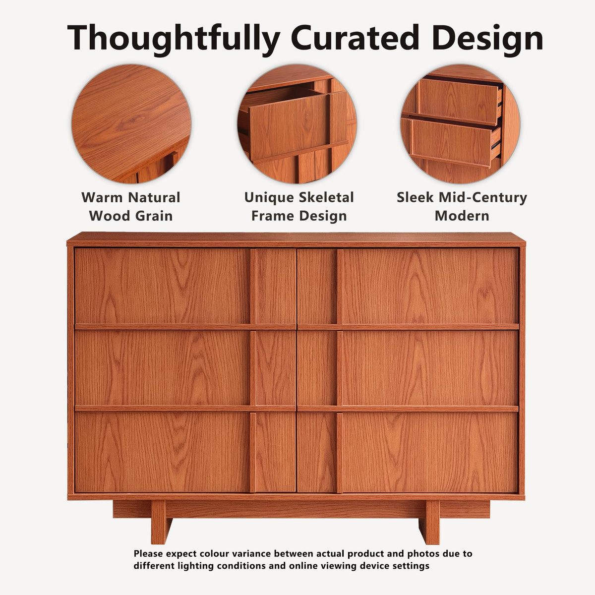47" Wide 6 Drawer Dresser and Nightstand Set 3 Piece, Cherry S7687
