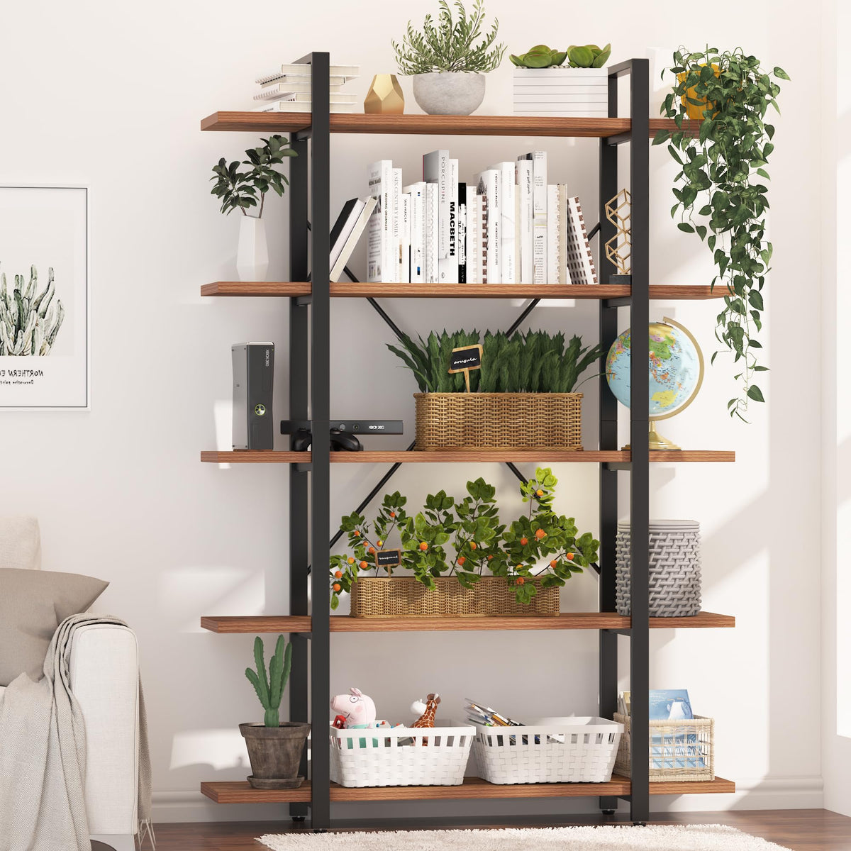 5 Tier Wood and Metal Bookshelf W8601